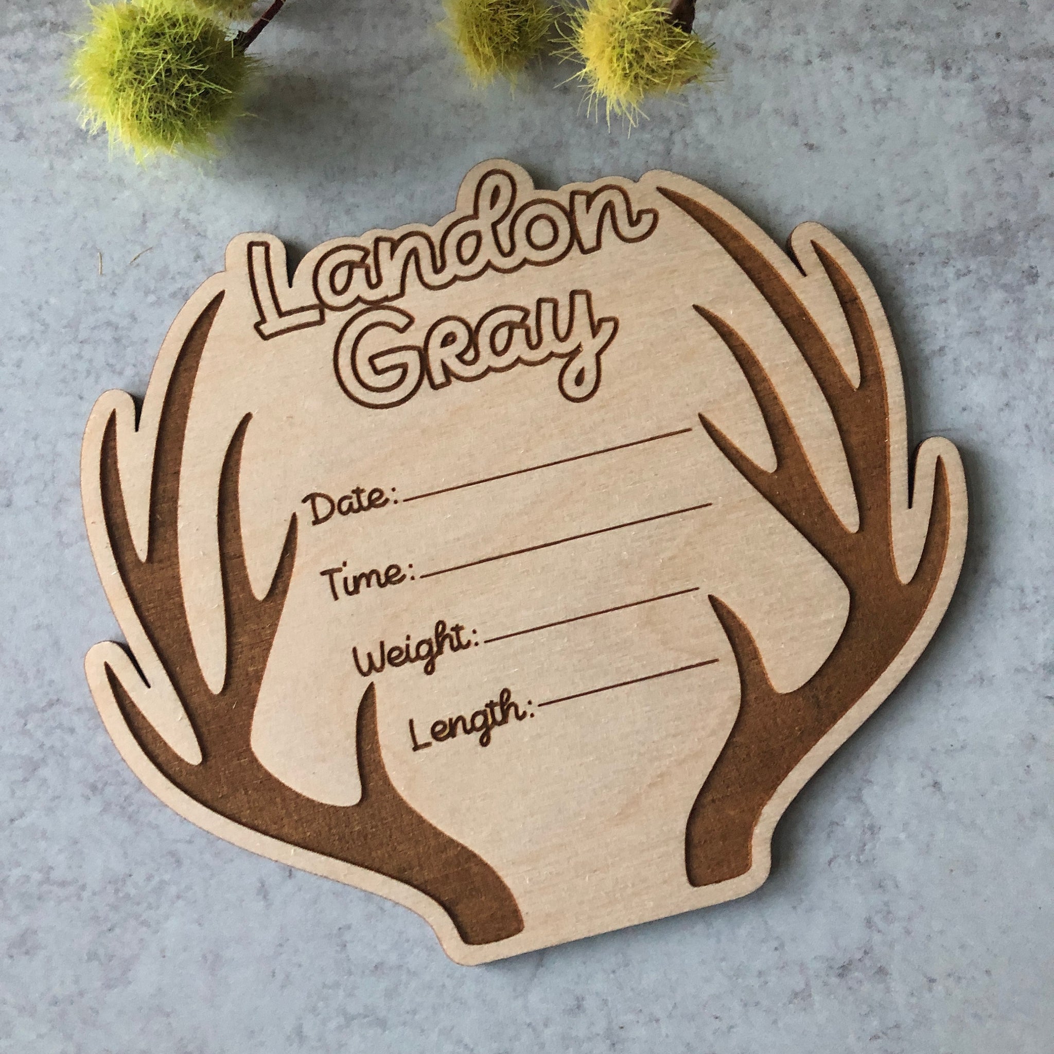 Birth Announcement Sign, Wood Name Sign, Engraved Baby Name Sign, Newborn Photo Prop, Deer Nursery Decor - Birth Announcement - Deer Antler